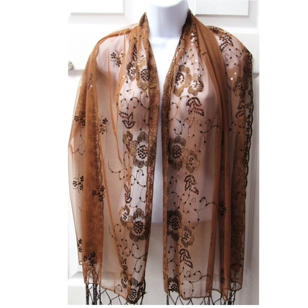 Brown Sequin Shawl Wrap Sparkle Fringe Scarf Wedding Bridal Dressy Formal